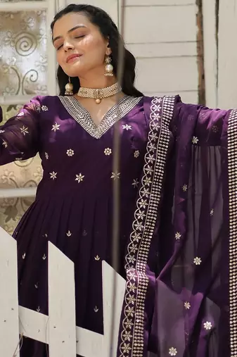 Purple color sequins embroidered work georgette gown with dupatta