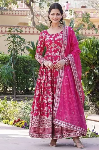 Pink color viscose diable jacquard sequins embroidered work gown with dupatta