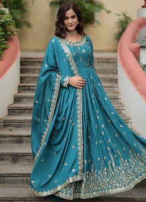 Sky blue sequins embroidered chinnon gown sharara with dupatta 1