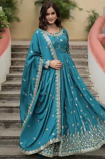 Sky blue color sequins embroidered chinnon gown sharara with dupatta