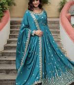 Sky blue color sequins embroidered chinnon gown sharara with dupatta