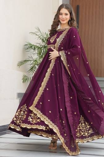 Wine color thread zari sequins embroidered work georgette gown with dupatta