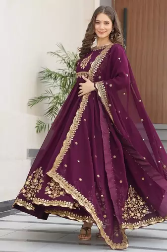 Wine color thread zari sequins embroidered work georgette gown with dupatta