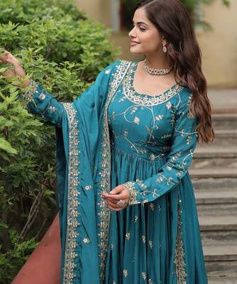 Sky blue sequins embroidered chinnon gown sharara with dupatta 3