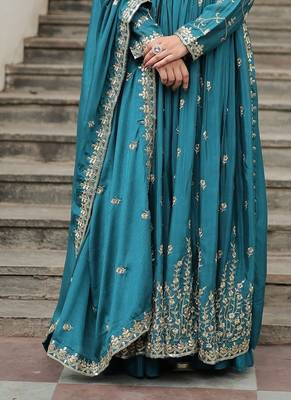 Sky blue sequins embroidered chinnon gown sharara with dupatta 4