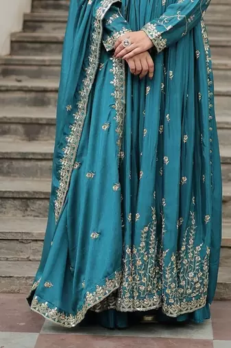 Sky blue color sequins embroidered chinnon gown sharara with dupatta