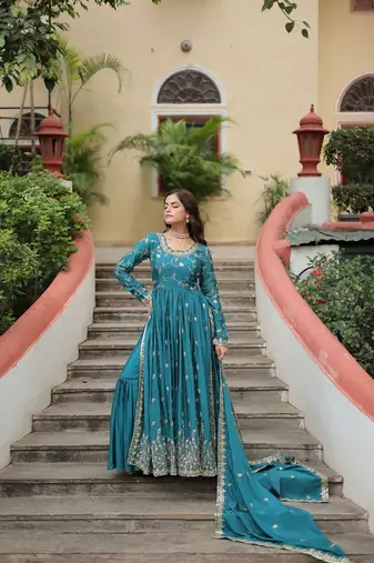 Sky blue color sequins embroidered chinnon gown sharara with dupatta