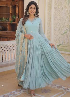 Sky blue embroidered work georgette gown with dupatta 1