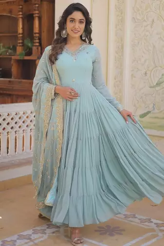 Sky blue color embroidered work georgette gown with dupatta