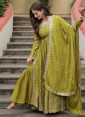 Pista green sequins embroidered chinnon gown sharara with dupatta 1