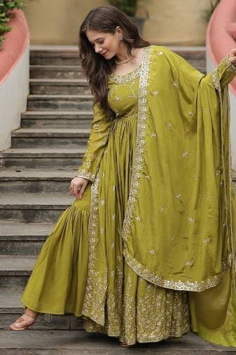 Pista green color sequins embroidered chinnon gown sharara with dupatta