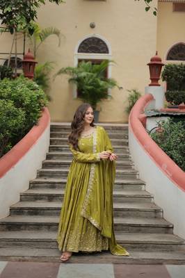Pista green sequins embroidered chinnon gown sharara with dupatta 2