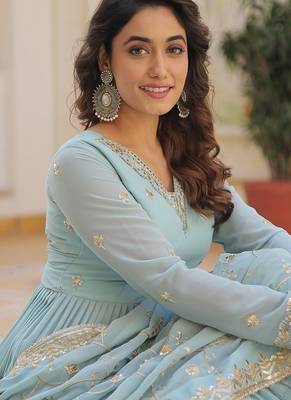 Sky blue embroidered work georgette gown with dupatta 3
