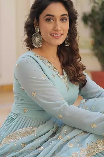 Sky blue color embroidered work georgette gown with dupatta