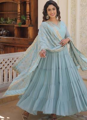 Sky blue embroidered work georgette gown with dupatta 4