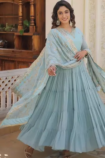Sky blue color embroidered work georgette gown with dupatta