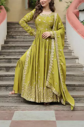 Pista green color sequins embroidered chinnon gown sharara with dupatta