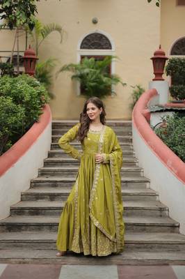 Pista green sequins embroidered chinnon gown sharara with dupatta 5