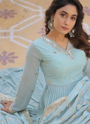 Sky blue embroidered work georgette gown with dupatta 5