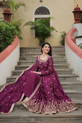 Wine sequins embroidered chinnon gown sharara with dupatta 1