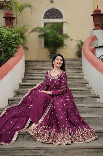 Wine color sequins embroidered chinnon gown sharara with dupatta