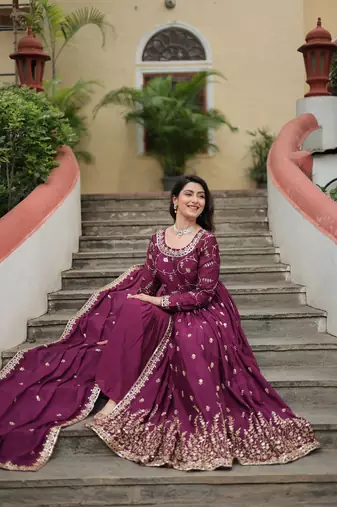 Wine color sequins embroidered chinnon gown sharara with dupatta