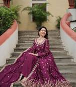 Wine color sequins embroidered chinnon gown sharara with dupatta