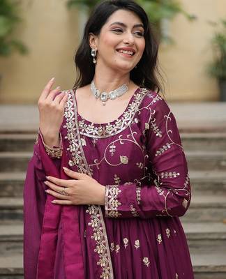 Wine sequins embroidered chinnon gown sharara with dupatta 2