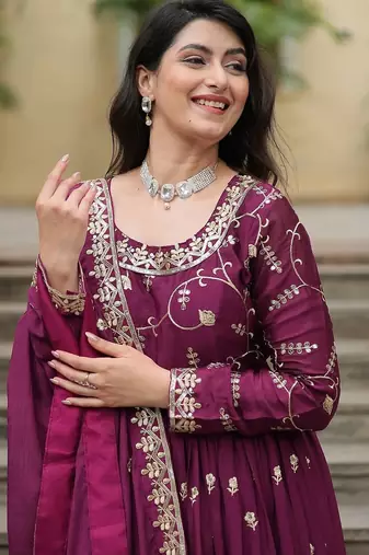 Wine color sequins embroidered chinnon gown sharara with dupatta
