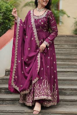 Wine sequins embroidered chinnon gown sharara with dupatta 3