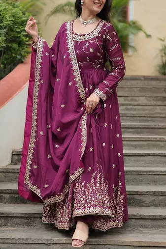 Wine color sequins embroidered chinnon gown sharara with dupatta