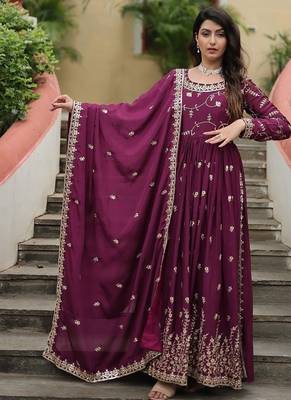 Wine sequins embroidered chinnon gown sharara with dupatta 5