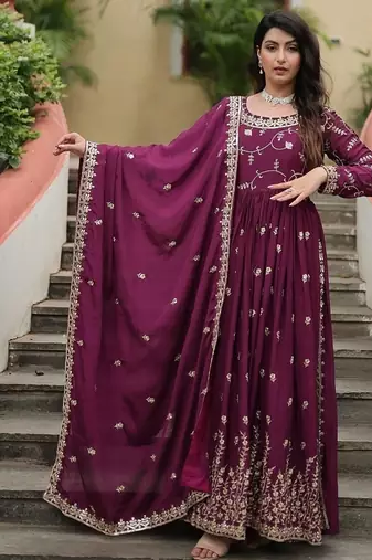 Wine color sequins embroidered chinnon gown sharara with dupatta