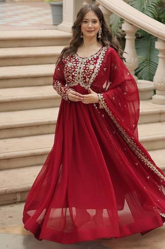 Maroon color multi sequins & zari embroidered work georgette gown with dupatta