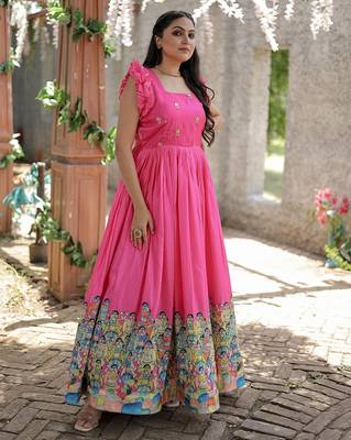 Pink printed dola silk blend women's gown 1