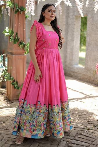 Pink color printed dola silk women's gown