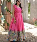 Pink color printed dola silk women's gown