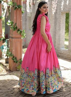 Pink printed dola silk blend women's gown 3