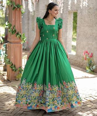 Green printed dola silk blend women's gown 1
