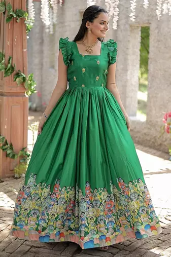 Green color printed dola silk women's gown