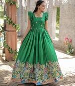 Green color printed dola silk women's gown