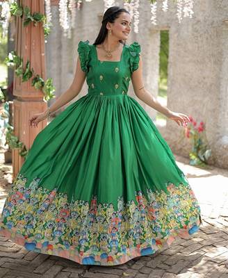 Green printed dola silk blend women's gown 2