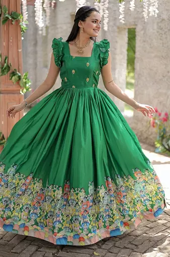 Green color printed dola silk blend women's gown