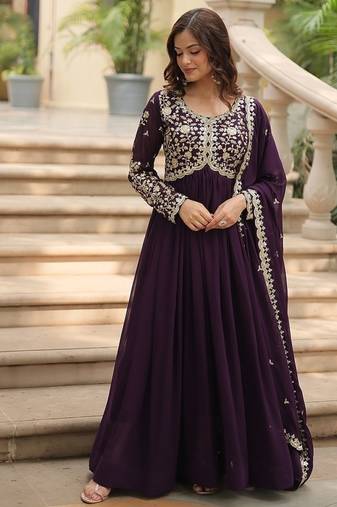 Wine color multi sequins & zari embroidered work georgette gown with dupatta