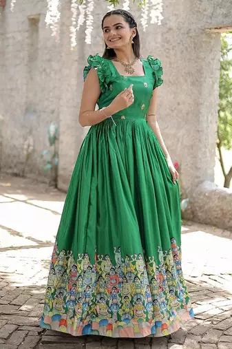 Green color printed dola silk blend women's gown