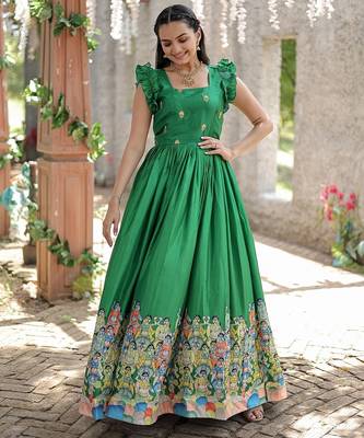 Green printed dola silk blend women's gown 4