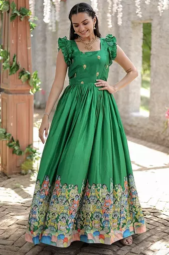 Green color printed dola silk blend women's gown