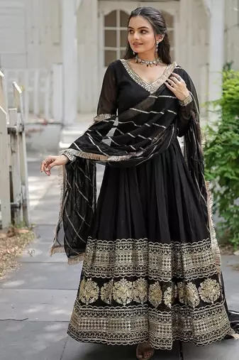 Black color sequins multi embroidered georgette gown with dupatta