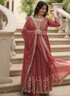 Coffee sequins embroidered faux georgette gown sharara with dupatta 1