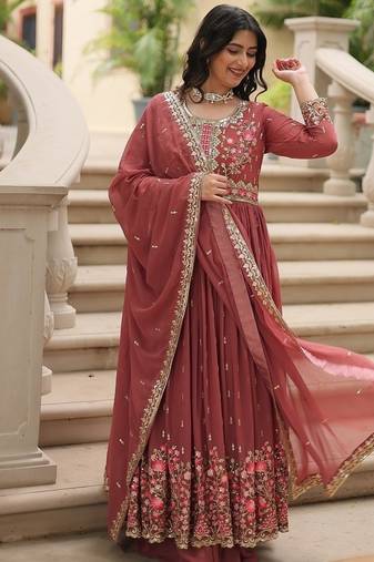 Coffee color sequins embroidered faux georgette gown sharara with dupatta
